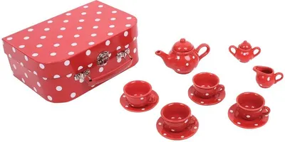 Set de joaca Bigjigs - Set de ceai din portelan, in cufar, rosu