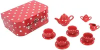 Set de joaca Bigjigs - Set de ceai din portelan, in cufar, rosu