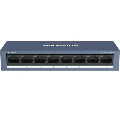Switch Hikvision DS-3E0108-O: 8 × 10/100 Mbps RJ45 Port, tensiune alimentare 5 VDC, 1A., dimensiuni: 142.4 mm × 25.6 mm × 53.1 m