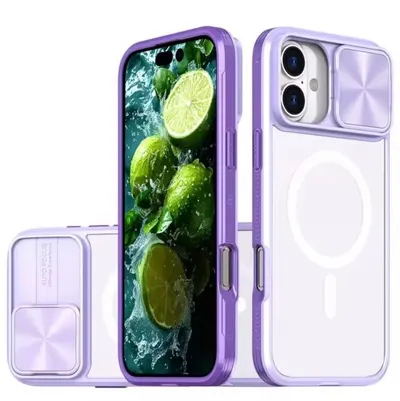 Husa Antisoc cu Slider, Protectie camera, MagSafe, Compatibila cu iPhone 16, Margini colorate, Lila Engros