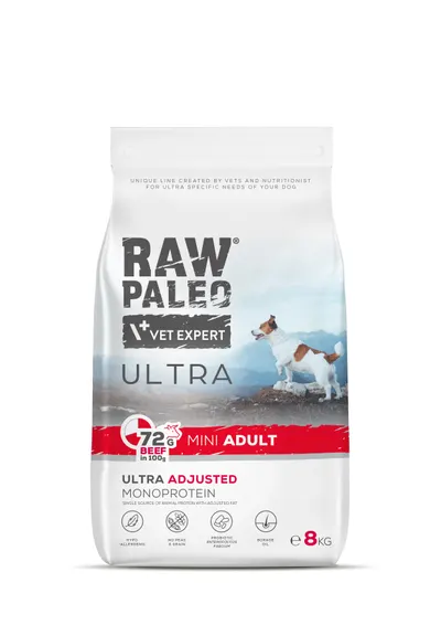 Hrană uscată pentru câini Raw Paleo Ultra Beef Mini Adult 8kg