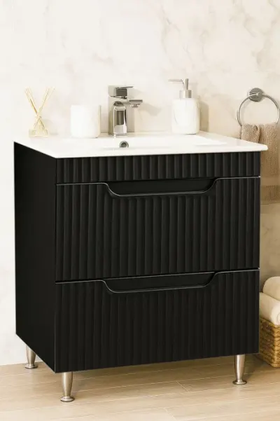 Set Baza front MDF si Lavoar seria 033, cu sertare, montat, 70 cm, negru