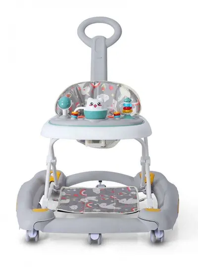 Premergator pentru bebelusi Little Mom, multifunctional cu maner parental, sistem de balansare, Muzica, roti silentioase, cu perna de sezut si copertina detasabila, dimensiune 54 x 17 x 86 cm, Grey