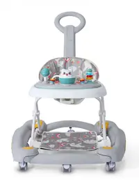 Premergator pentru bebelusi Little Mom, multifunctional cu maner parental, sistem de balansare, Muzica, roti silentioase, cu perna de sezut si copertina detasabila, dimensiune 54 x 17 x 86 cm, Grey