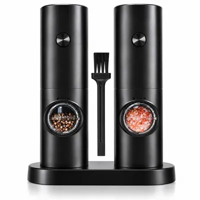Set 2 Rasnite Electrice NewEvo pentru Sare si Piper, 4x AAA, Macinare Reglabila Fin-Grosier, Mecanism Ceramic, Lumina LED, Recipient Transparent,