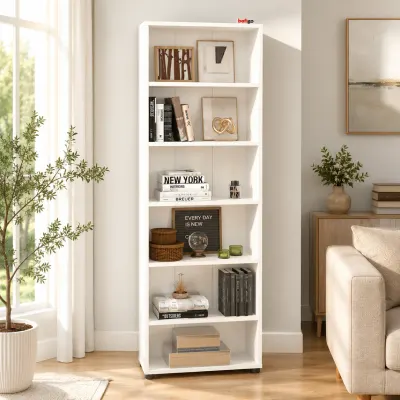 Biblioteca Decorativa Inalta cu 6 Rafturi, PAL E1, Sistem Minifix, 56 x 20 x 174 cm