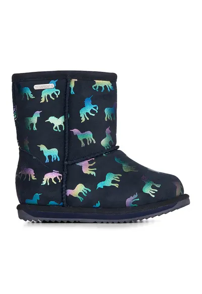 Cizme impermeabile scurte de piele intoarsa - fara inchidere Rainbow-Unicorn - Bleumarin