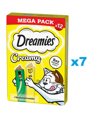 DREAMIES Creamy MEGA PACK 84x10 g recompense pisici, cu branza si iarba matei