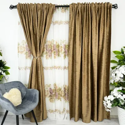 Set 2 Draperii Catifea cu model Venti - 200cm x 232cm , Rejansa pt. bara , Maro deschis
