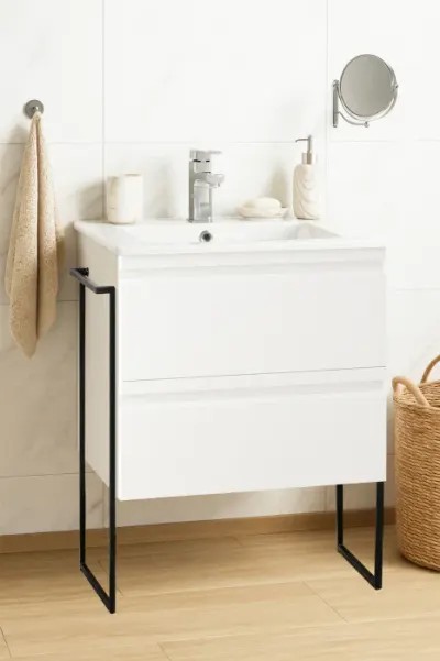 Set Baza front MDF si Lavoar seria 086, cadru metalic, sertare, 60 cm, alb