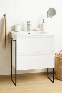 Set Baza front MDF si Lavoar seria 086, cadru metalic, sertare, 60 cm, alb