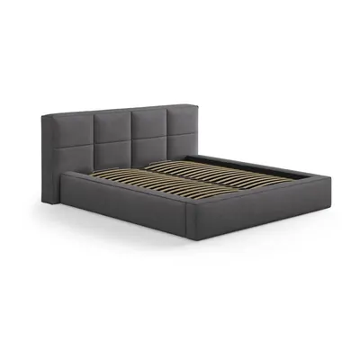 Pat matrimonial gri închis tapițat cu spațiu de depozitare cu somieră 200x200 cm Simon Darren – Micadoni
