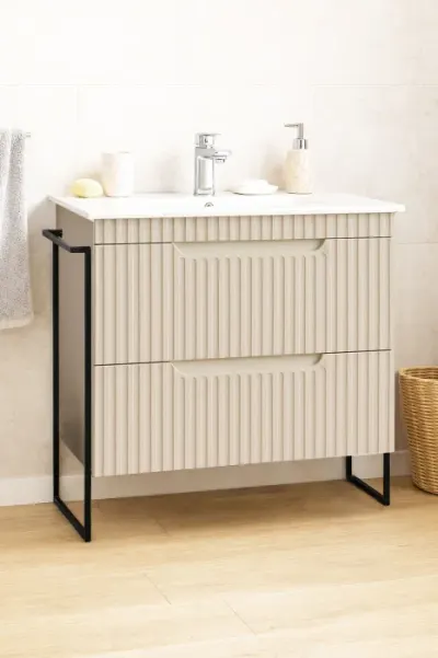 Set Baza front MDF si Lavoar seria 033, cadru metalic, cu sertare, montata, 80 cm, crem