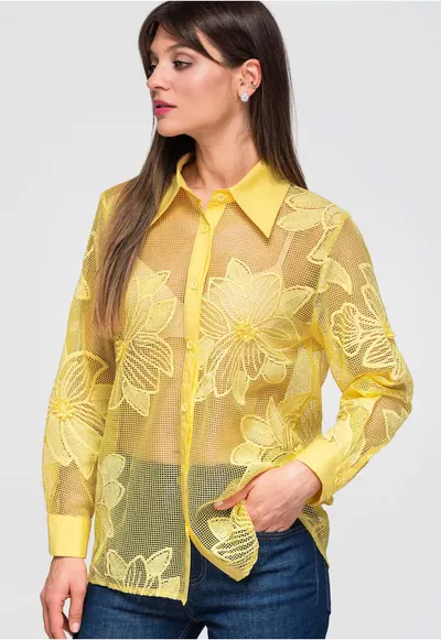 Camasa dama lunga cu guler clasic si maneci lungi - transparenta cu broderie florala OW-SH-E0048 - Galben