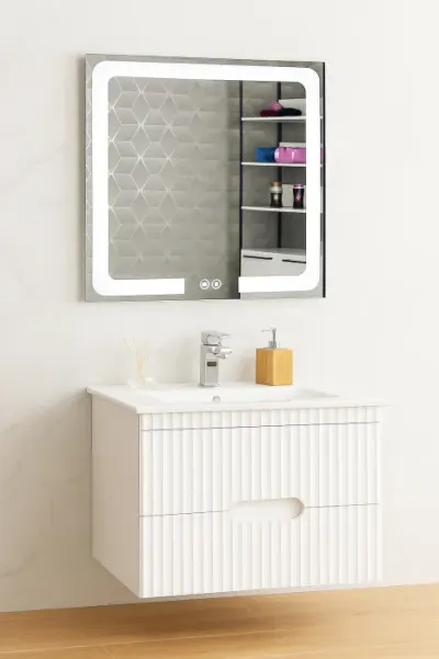 Set Baza front MDF cu Lavoar si Oglinda cu iluminare LED, seria 009, suspendata, cu sertare, 80 cm, alb
