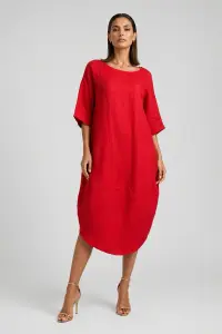 Rochie lejera de vara din in cu croi lalea oversized, rosie