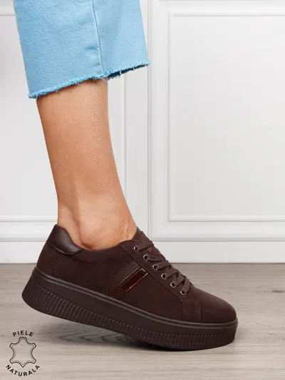 Pantofi sport din piele naturală intoarsa cu finisaje premium CRL1811 CAFENIU