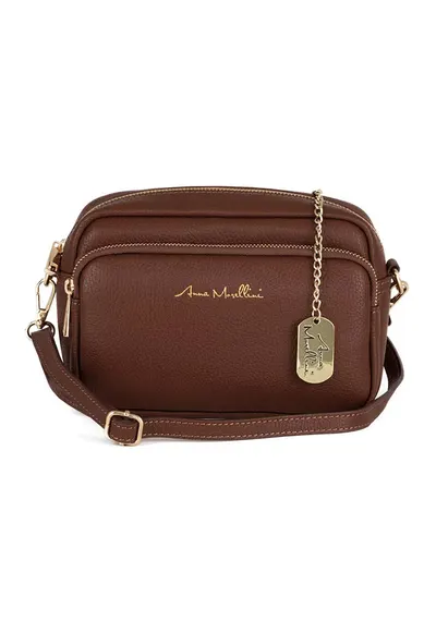 Geanta crossbody din piele cu buzunar frontal cu fermoar - Maro scortisoara