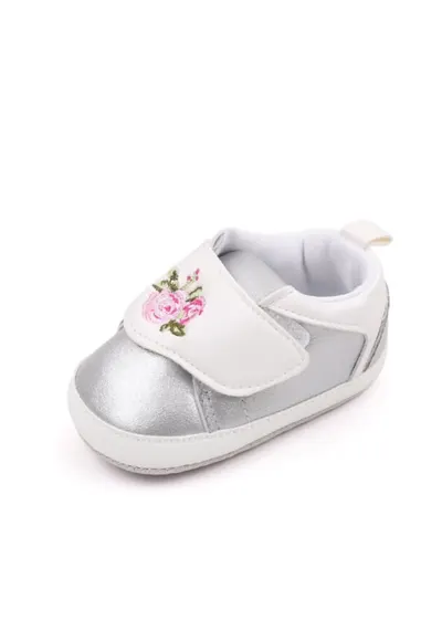 Pantofi Model Roses - Piele ecologica - Fete - Velcro - Alb/Argintiu