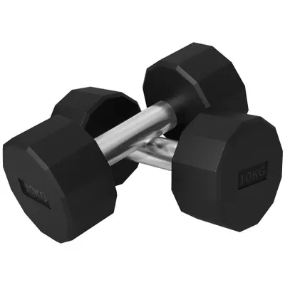 SPORTNOW Set de 2 Gantere de 10 kg din Metal și Cauciuc, Set Gantere Fitness cu Mâner Antiderapant, 26x13x13 cm, Negru | Aosom Romania