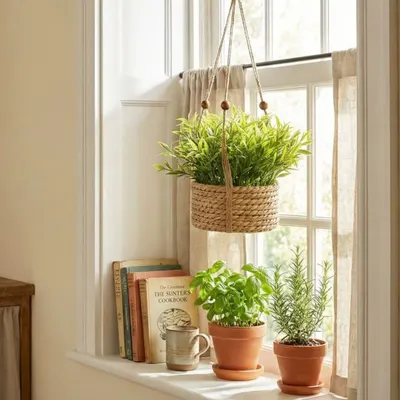 Plantă artificială Tarhon 11 cm în ghiveci suspendat tip coș împletit, cu agățătoare – decor rustic cu plante aromatice pentru interior