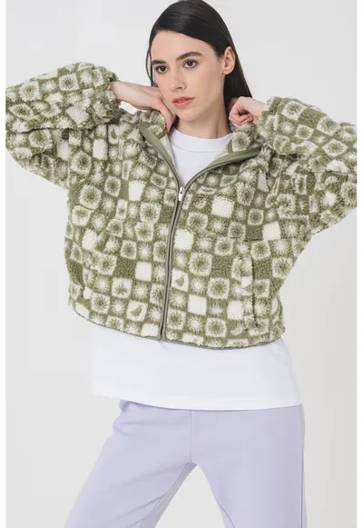 Jacheta crop din material teddy cu fermoar - Alb/Verde aquamarin