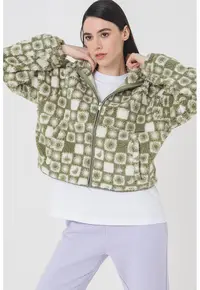 Jacheta crop din material teddy cu fermoar - Alb/Verde aquamarin