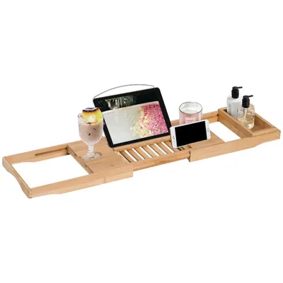 HomCom Mensola per Vasca da Bagno Ripiano Vassoio da Bagno in Bambù Naturale Lunghezza Estendibile 23.5x4x75-109cm
