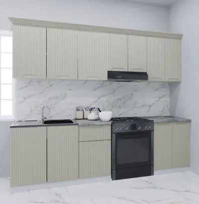 Set bucatarie SPACE 240 cm, 7 corpuri, 1 sertar, blat termorezistent, fronturi MDF, crem