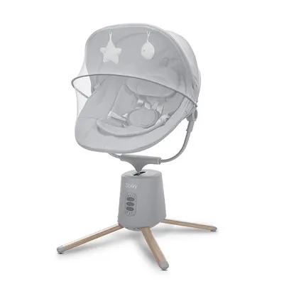 Leagan electric pentru bebelusi Storky Grey, bluetooth, telecomanda, 5 viteze de leganare, potrivit 0-6 luni