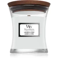 Woodwick Lavender & Cedar lumânare parfumată cu fitil din lemn 85 g