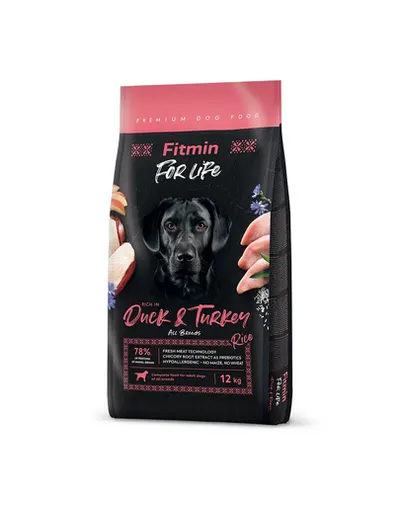 FITMIN dog For Life Duck & Turkey 12 kg hrana caine adult, rata si curcan