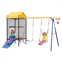 Dispozitiv multifuncțional 4-în-1 pentru exterior pentru copii, trambulină cu plasă de siguranță, pentru 3–8 ani, 336x217x238 cm, Multicolor