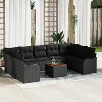 Set canapea gradina 10 piese cu perne ratan polyester negru acacia, canapea gradina 2 locuri cu perne ratan polyester negru