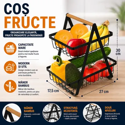 Cos pentru Fructe, cu doua etajere, servire, decor, din metal, maner din lemn, rezistenta ridicata, universal, aerisire ridicata, Negru