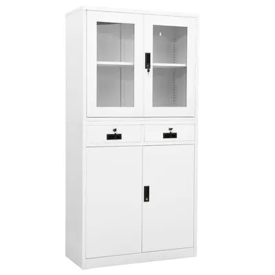 vidaXL Dulap de birou, alb, 90x40x180 cm, oțel/sticlă securizată