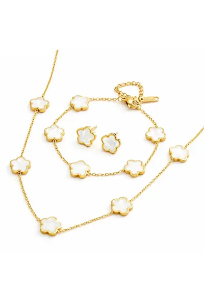 Set colier - cercei si bratara auriu - din otel inoxidabil - suflat cu aur 18k - cu trifoi - Alissea C1