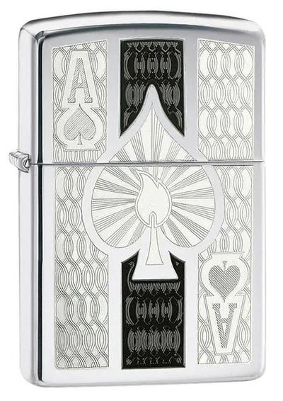 Bricheta Zippo - As de pica, gravata, crom lucios