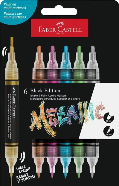 Markere acrilice 2 varfuri Shake&Paint, 6buc/set, culori metalizate, Faber-Castell