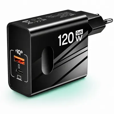 Incarcator Retea Timebox, 2 Porturi, 120W, 1 x Type-C, 1 x USB , C 3, Negru - Default Title