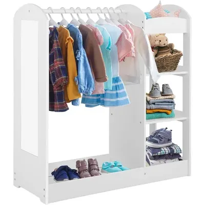Stand pentru imbracaminte copii Ginger Home Mirror White cu 4 polite,bara pentru umerase,raft si oglinda, dimensiune 93.5x38x100.3 cm
