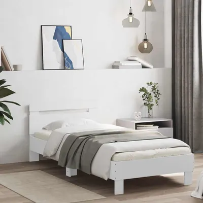 vidaXL Cadru de pat cu benzi LED cu headboard Alb Lemn prelucrat