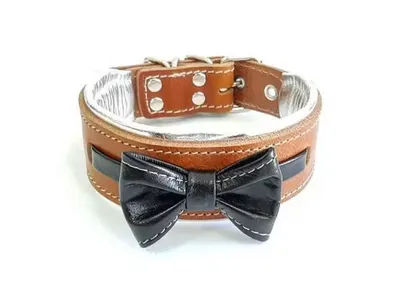 Bestia Zgarda Bowtie-Papion, Piele Naturala, S, Maro/ Negru
