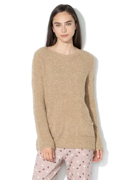 Pulover lejer din material pufos - cu buzunare - Maro camel