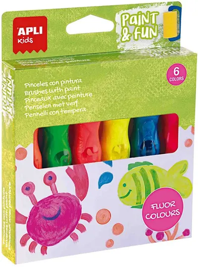 Vopsele tempera Apli - 6 culori neon, cu pensulă