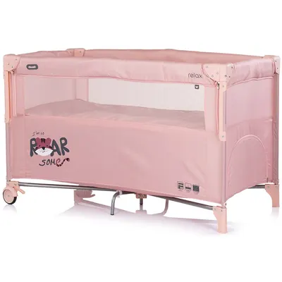 Patut pliabil Chipolino Relax Tiger Powder Pink cu laterala culisanta, 2 nivele, intrare laterala, geanta pentru transport, greutate admisa 15 kg