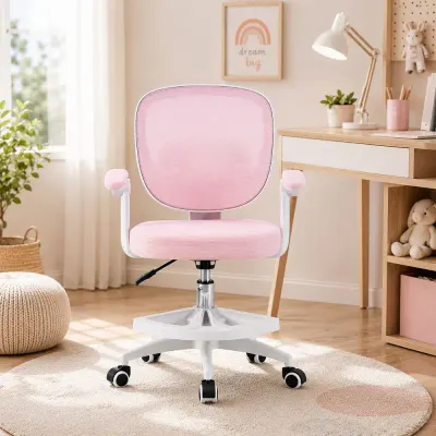 Scaun ergonomic de birou pentru copii si adolescenti, mesh roz, reglabil pe inaltime 78-90 cm, suport picioare