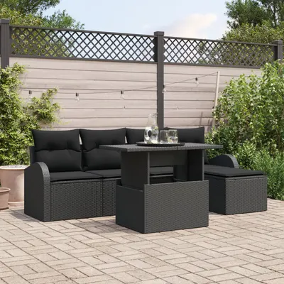 Gossi set de 6 piese de sofa de gradina cu perne negre din ratan poly, Gossi sofa de gradina cu 2 locuri cu spatiu de depozitare si perne negre din ratan poly