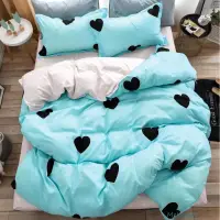 Lenjerie pat dublu, bumbac satinat, cearsaf clasic, 4 piese, Bleu, inimioare