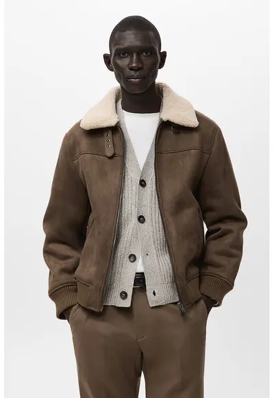 Jacheta din piele intoarsa shearling sintetica cu buzunare cu fermoar - Caramel